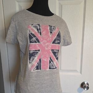 Primark Grey Tee with Pink & Navy Union Jack Graphic